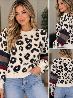 eesome Cream & Black Leopard Crewneck Sweater with Multicolor Striped Sleeves